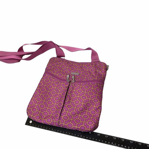 BAGGALLINI Horizion Crossbody pink purple gold Trellis Print 2 Front Zip Pockets - Picture 7 of 11